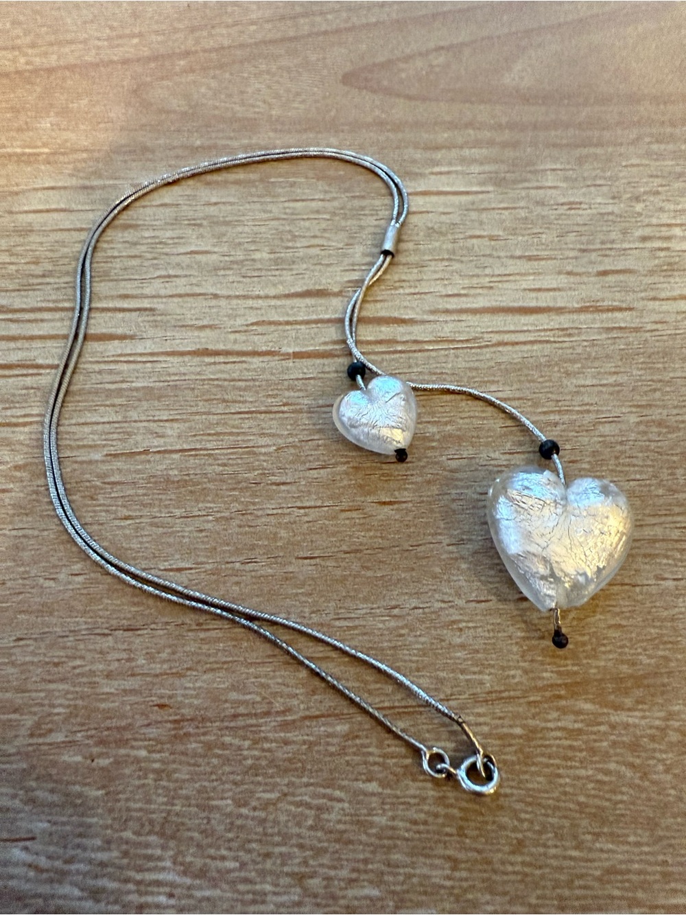 Sterling Silver Silver Foil Glass Double Heart Lariat Necklace